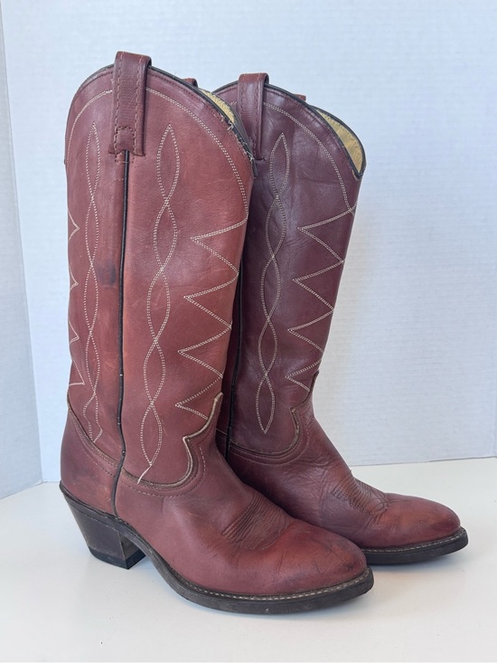 ACME Shoes - Vintage 70s Acme Western Cowgirl Stitch Brown Leather Heel Tall Boots Size 6.5
